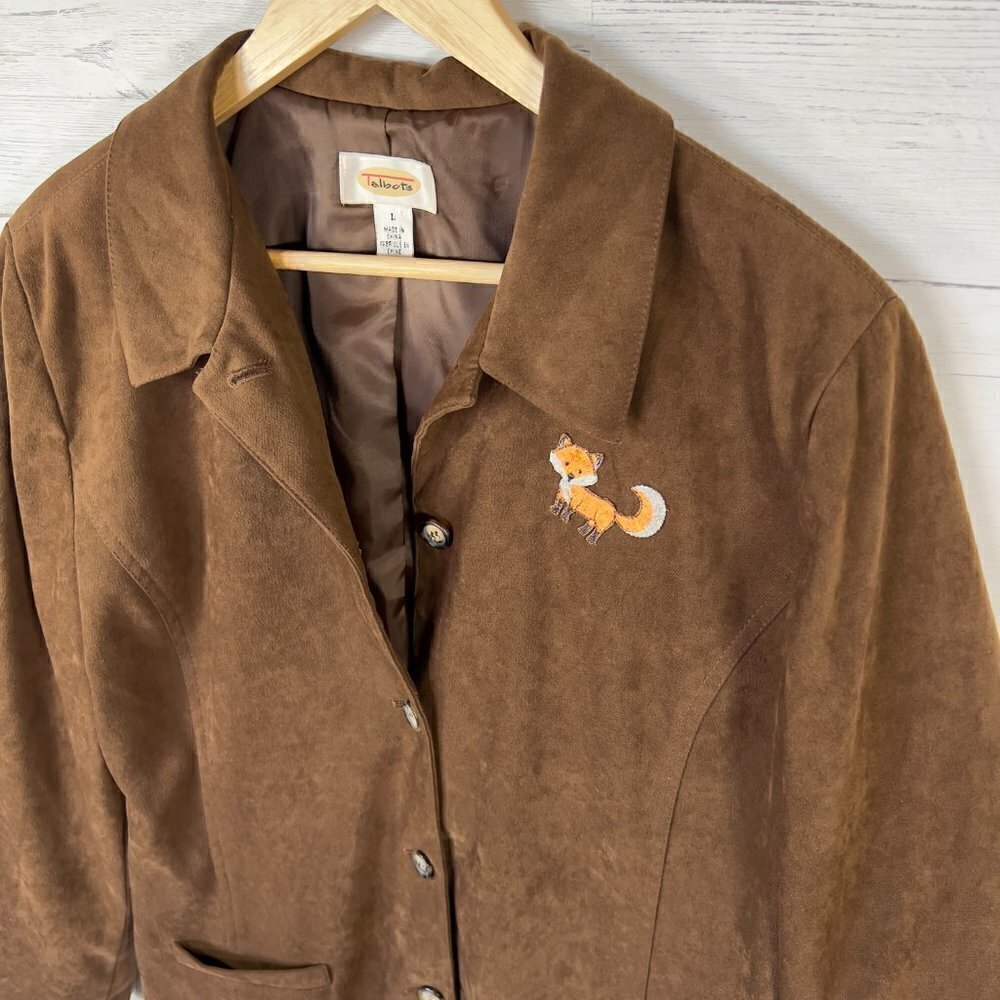 Talbots Blazer Jacket Womens Size Large Brown Suede Adorable Fox Patch Fall Wear - Picture 9 of 16